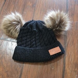 Kids Black Knit Beanie with Faux Fur Pom Poms